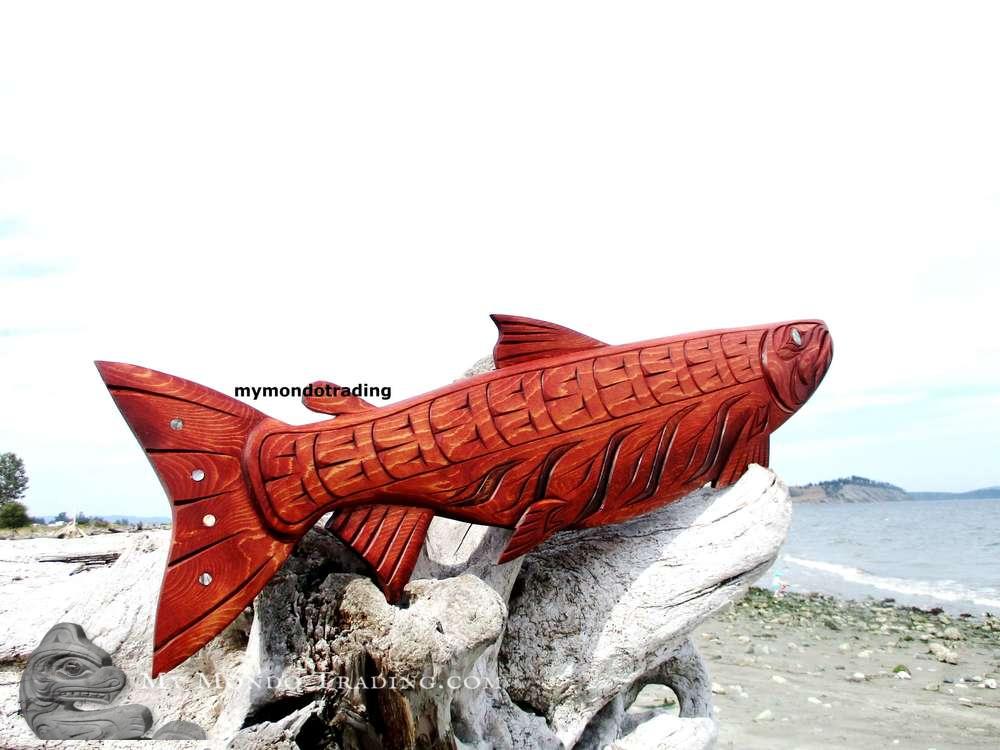 Impressive 43" Spring Salmon art carving, Abalone inlays, by Brian Bob