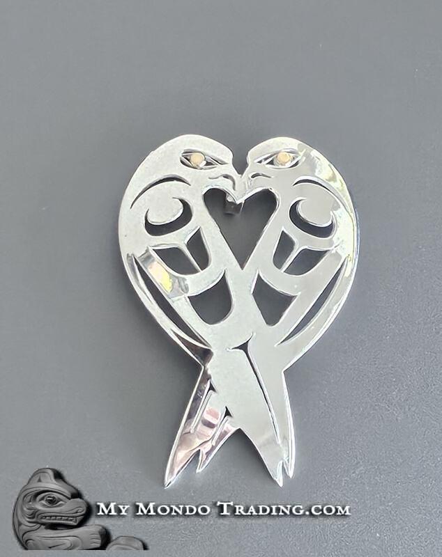 Lovebirds pendant, Silver & 14k Gold, by Tahltan/Tlingit artist Grant Pauls