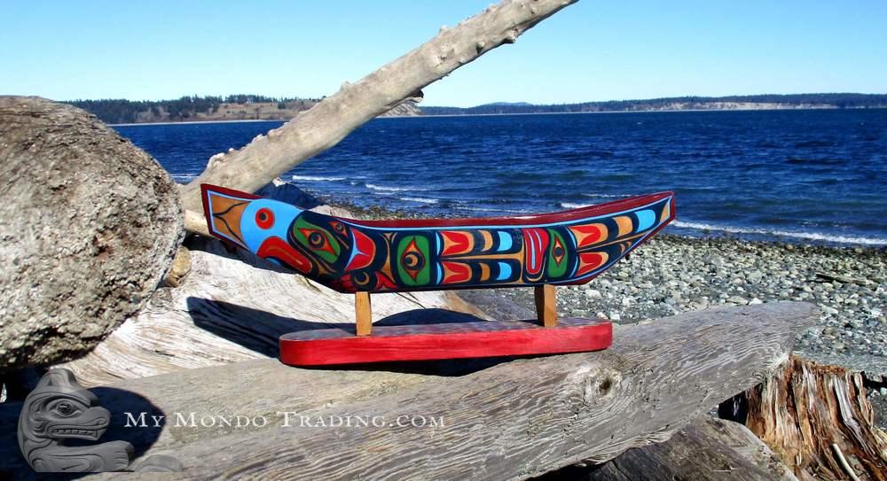 Red cedar model canoe, Eagle design, by Jonathan Jacobson