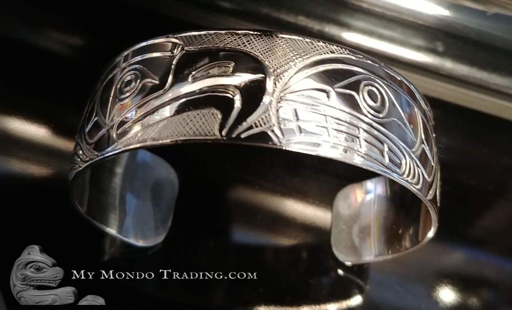 Whale and Eagle, sterling silver cuff bracelet by Norman Seaweed