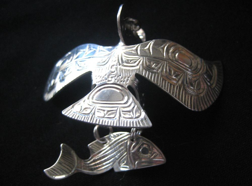 Sterling Silver Eagle in flight with Salmon pendant by Solomon Seward