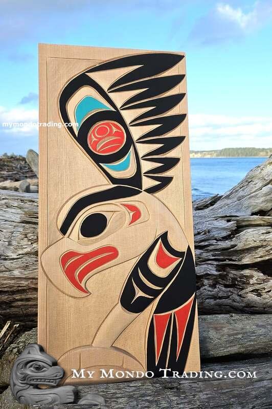 Eagle landing, superb quality on cedar, by Indigenous artist Bear (Doug) Horne