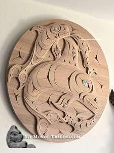Superb quality, 36" cedar Killer Whale and Salmon, hand carved by Gerry Sheena (see Video)