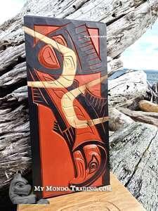 Salmon, cedar carving on wooden base, by Shane Flood Baker