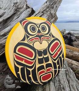 Owl on yellow cedar, authentic, direct and hand carved by Peter Smith