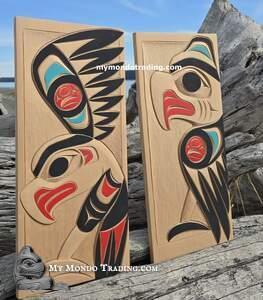 PAIR: Eagles on cedar, beautiful and deep carving lines by Bear (Doug) Horne