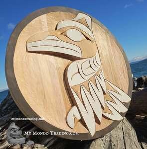 Circular red cedar, 30"x2" Spirit Raven, hand carved by Bear (Doug) Horne