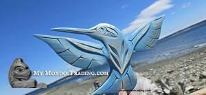 New design, Hummingbird, vibrant blue, hand carved by Brian Bob, Nootka