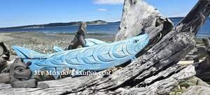 36" (!) blue Spring Salmon, inlaid, authentic Nootka art by Brian Bob