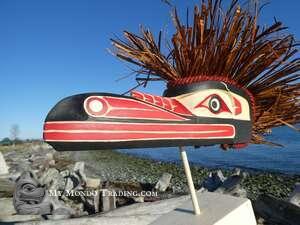 Huk-Huk Model Mask on wooden base, hand carved, Sarah Robertson