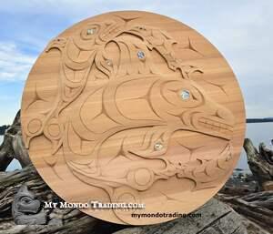 Superb quality, 36" cedar Killer Whale and Salmon, hand carved by Gerry Sheena