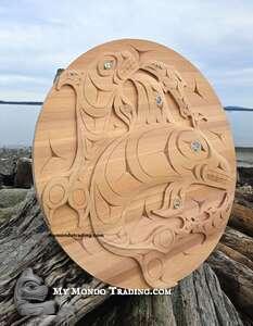 Superb quality, 36" cedar Killer Whale and Salmon, hand carved by Gerry Sheena