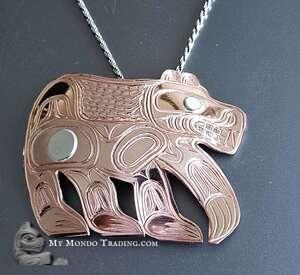 Incredible jewelry art, Grizzly Bear, silver on copper pendant by Paddy Seaweed
