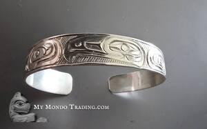 1/2" Silver Eagle and Salmon design, cuff bracelet, by Paddy Seaweed 