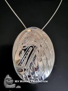 2 1/2" Hamatsa Raven silver pendant by Kwakiutl artist Paddy Seaweed