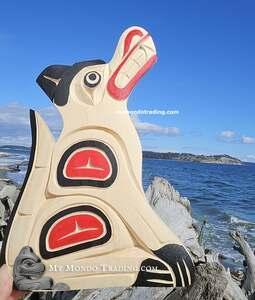 Sitting Wolf, looking at moon, hand carved by Sarah Daniels (nee Robertson)