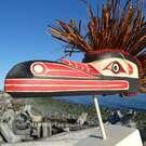 Huk-Huk Model Mask on wooden base, hand carved, Sarah Robertson