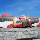 Group of Salmons hand carved on red cedar, Squamish artist Neil Baker