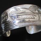1" Sterling silver Wolf and whale symbol cuff bracelet by Paddy Seaweed - SOLD